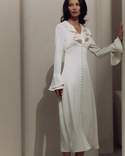 Pearl Knopf Ruffle Midi Kleid - Veldorm