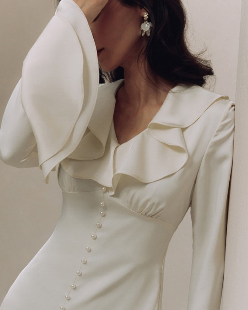 Pearl Knopf Ruffle Midi Kleid - Veldorm