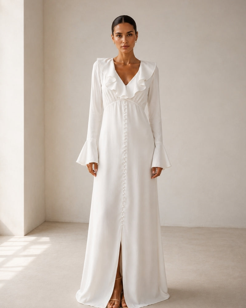 Pearl Knopf Ruffle Midi Kleid - Veldorm
