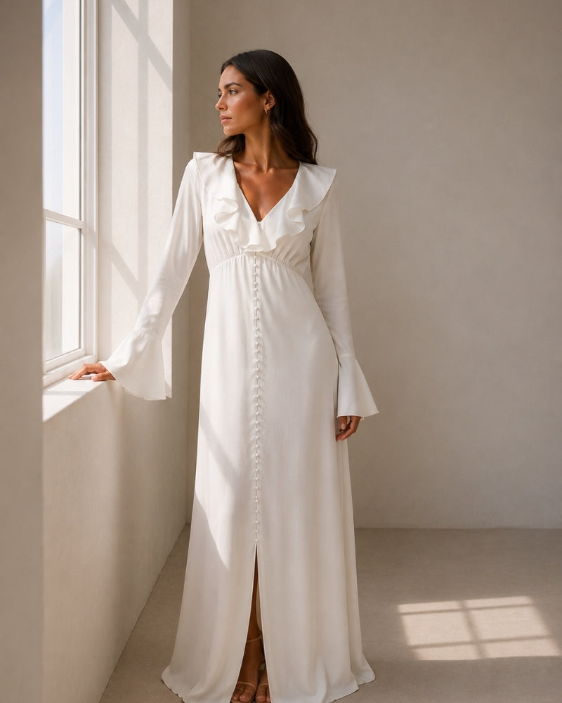 Pearl Knopf Ruffle Midi Kleid - Veldorm