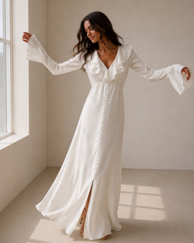 Pearl Knopf Ruffle Midi Kleid - Veldorm